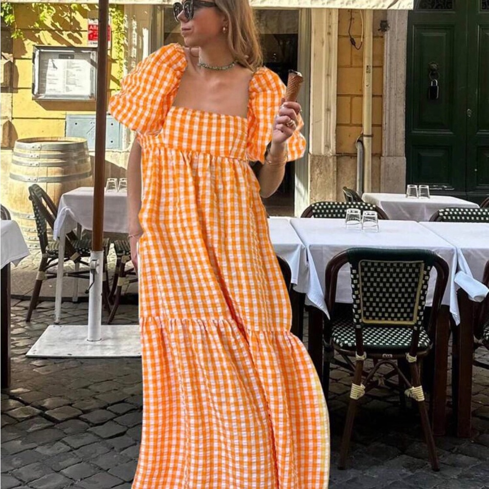 Women’s Orange Gingham Puff-Sleeve Maxi Dress